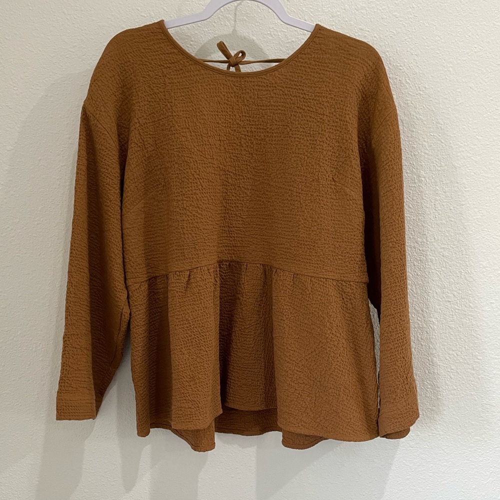 Madewell Boho Neutral Peplum Top Tie-Back Mod Feminine Preppy Relaxed Fit - Picture 3 of 7